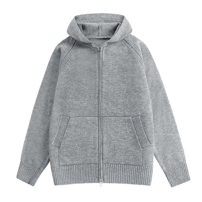 Cardigan for Men with Hood and Zipper Solid Color High-End Look Long Sleeve